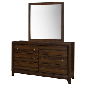 English Elm Anza Mid-Century Walnut Dresser with Mirror Gold Knobs and Tapered Legs Bedroom B062S02415