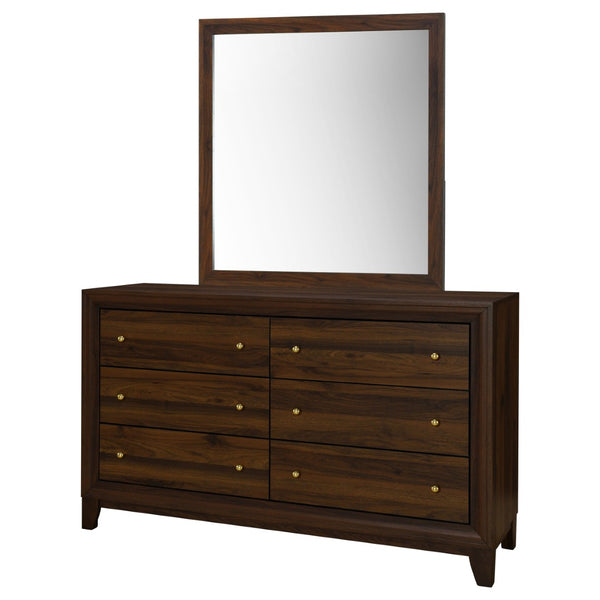 English Elm Anza Mid-Century Walnut Dresser with Mirror Gold Knobs and Tapered Legs Bedroom B062S02415