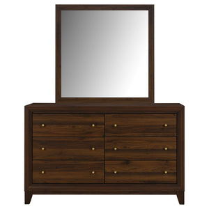 English Elm Anza Mid-Century Walnut Dresser with Mirror Gold Knobs and Tapered Legs Bedroom B062S02415
