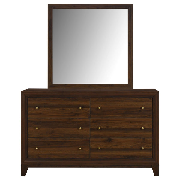 English Elm Anza Mid-Century Walnut Dresser with Mirror Gold Knobs and Tapered Legs Bedroom B062S02415