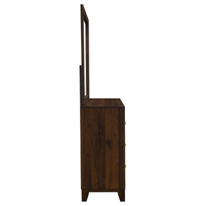 English Elm Anza Mid-Century Walnut Dresser with Mirror Gold Knobs and Tapered Legs Bedroom B062S02415