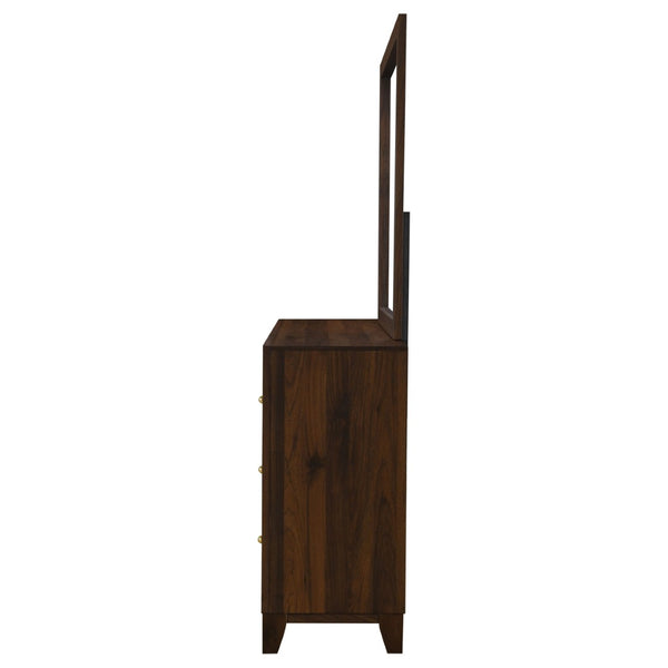 English Elm Anza Mid-Century Walnut Dresser with Mirror Gold Knobs and Tapered Legs Bedroom B062S02415