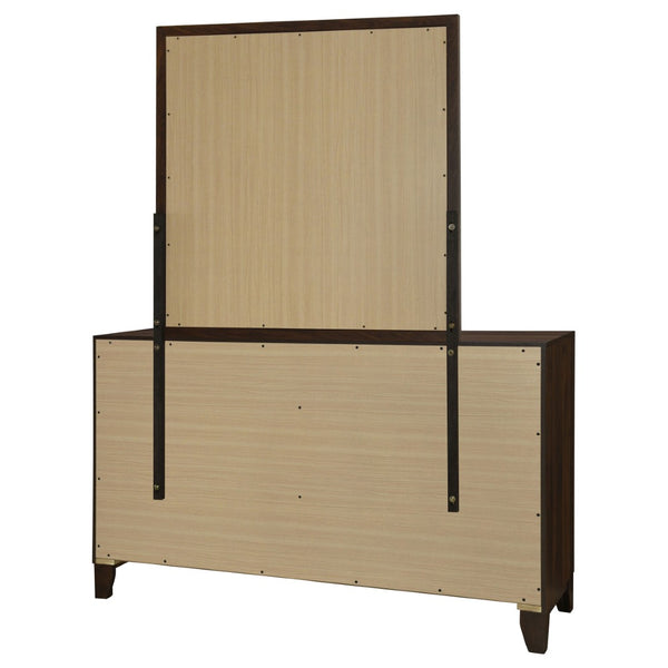 English Elm Anza Mid-Century Walnut Dresser with Mirror Gold Knobs and Tapered Legs Bedroom B062S02415