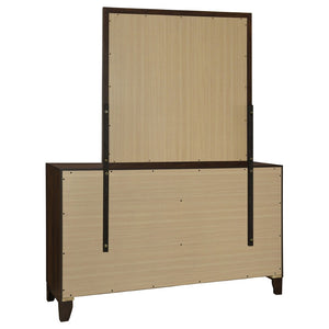 English Elm Anza Mid-Century Walnut Dresser with Mirror Gold Knobs and Tapered Legs Bedroom B062S02415