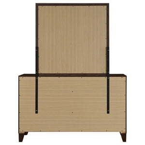 English Elm Anza Mid-Century Walnut Dresser with Mirror Gold Knobs and Tapered Legs Bedroom B062S02415