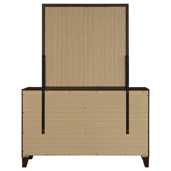 English Elm Anza Mid-Century Walnut Dresser with Mirror Gold Knobs and Tapered Legs Bedroom B062S02415