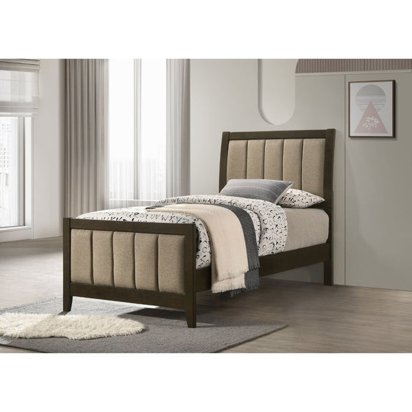 English Elm Clement Channel Tufted Twin Bed Upholstered Frame with Warm Brown Fabric Cocoa Finish B062S02419