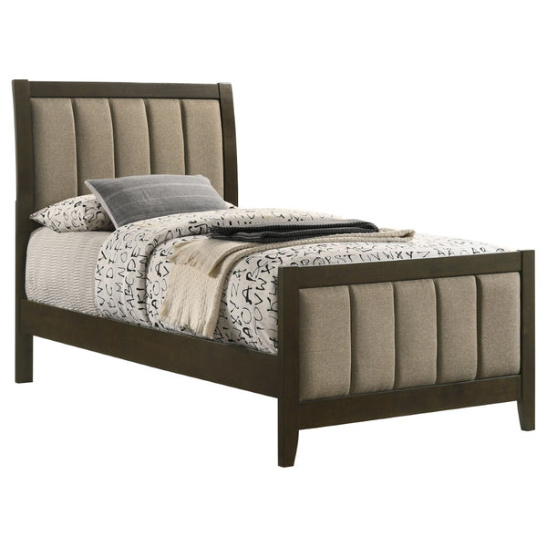 English Elm Clement Channel Tufted Twin Bed Upholstered Frame with Warm Brown Fabric Cocoa Finish B062S02419