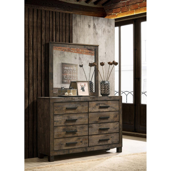 English Elm Bren Eight Drawer Dresser with Beveled Mirror Rustic Wood Grain Bedroom Storage B062S02423