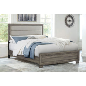 English Elm Funston Eastern King Panel Bed Tan Upholstered Headboard Brown Oak Finish B062S02426