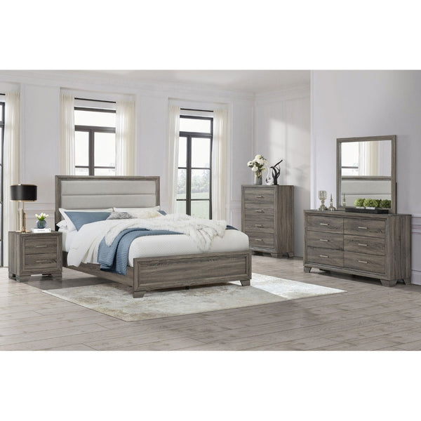 English Elm Funston Eastern King Panel Bed Tan Upholstered Headboard Brown Oak Finish B062S02426