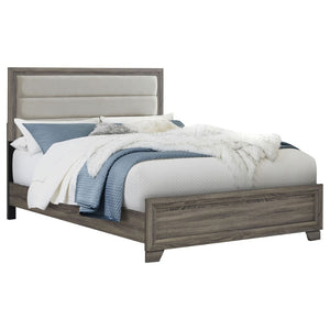 English Elm Funston Eastern King Panel Bed Tan Upholstered Headboard Brown Oak Finish B062S02426