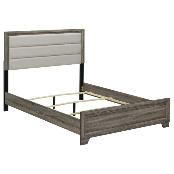 English Elm Funston Eastern King Panel Bed Tan Upholstered Headboard Brown Oak Finish B062S02426