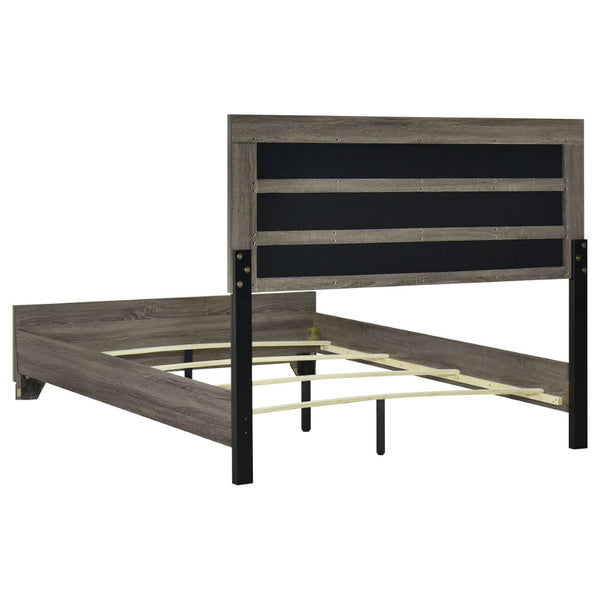 English Elm Funston Eastern King Panel Bed Tan Upholstered Headboard Brown Oak Finish B062S02426