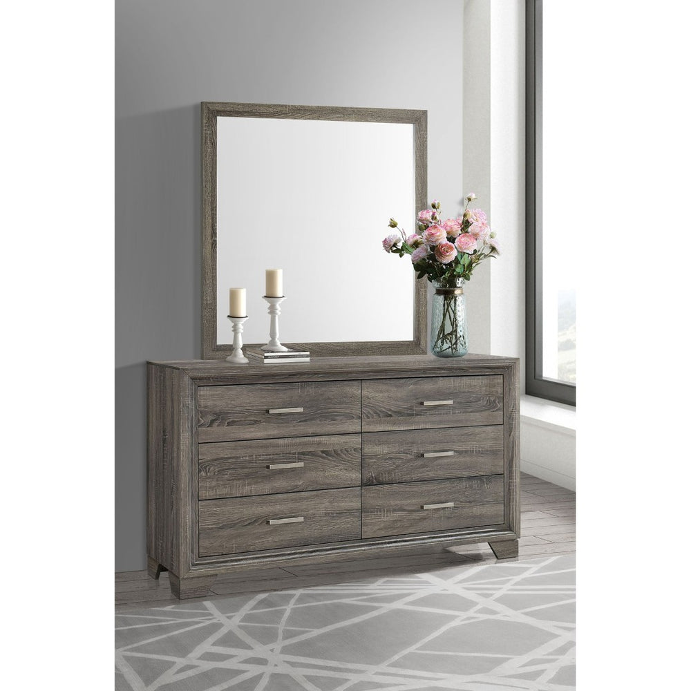 English Elm Funston Six Drawer Dresser with Mirror Brown Oak Finish Architectural Bedroom Storage B062S02427