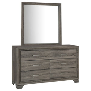 English Elm Funston Six Drawer Dresser with Mirror Brown Oak Finish Architectural Bedroom Storage B062S02427