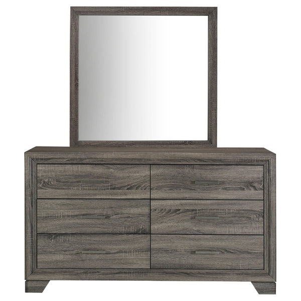 English Elm Funston Six Drawer Dresser with Mirror Brown Oak Finish Architectural Bedroom Storage B062S02427