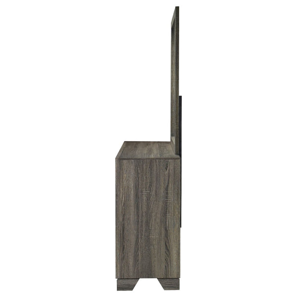 English Elm Funston Six Drawer Dresser with Mirror Brown Oak Finish Architectural Bedroom Storage B062S02427