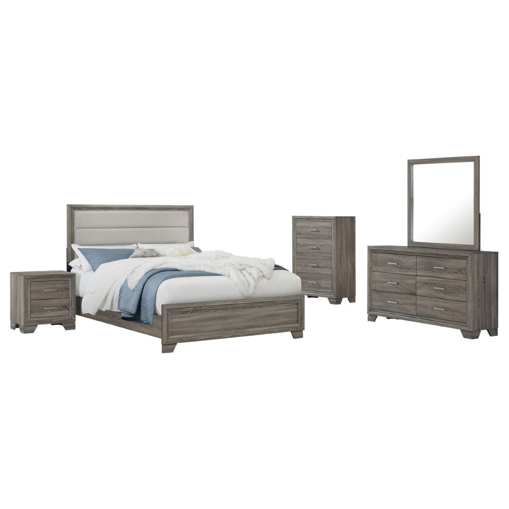 English Elm Funston Five Piece Queen Bedroom Set with Tan Upholstered Headboard in Brown Oak B062S02428