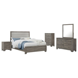 English Elm Funston Five Piece Queen Bedroom Set with Tan Upholstered Headboard in Brown Oak B062S02428
