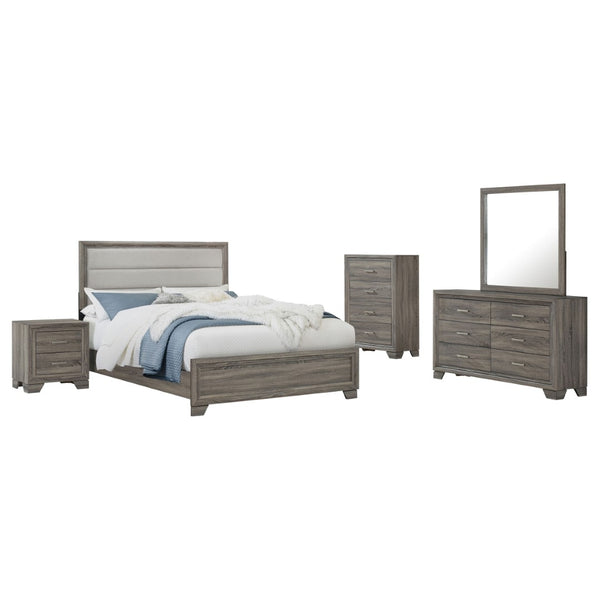 English Elm Funston Five Piece Queen Bedroom Set with Tan Upholstered Headboard in Brown Oak B062S02428
