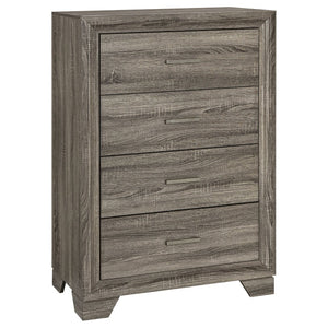 English Elm Funston Five Piece Queen Bedroom Set with Tan Upholstered Headboard in Brown Oak B062S02428