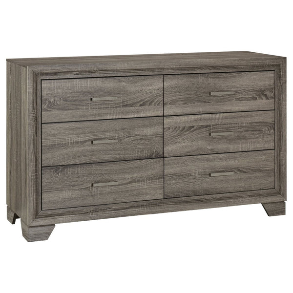 English Elm Funston Five Piece Queen Bedroom Set with Tan Upholstered Headboard in Brown Oak B062S02428