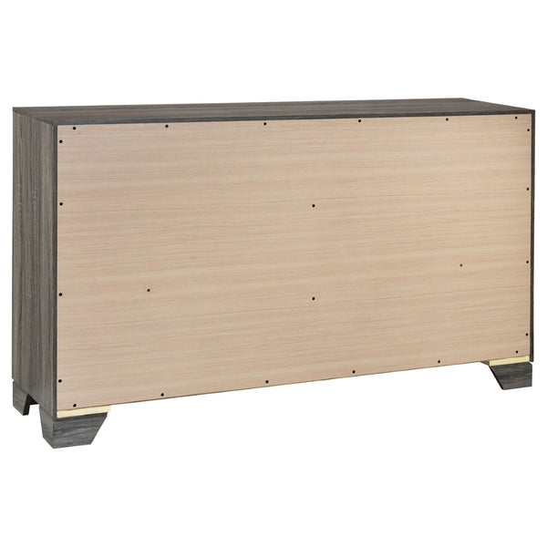 English Elm Funston Five Piece Queen Bedroom Set with Tan Upholstered Headboard in Brown Oak B062S02428