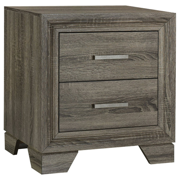 English Elm Funston Five Piece Queen Bedroom Set with Tan Upholstered Headboard in Brown Oak B062S02428