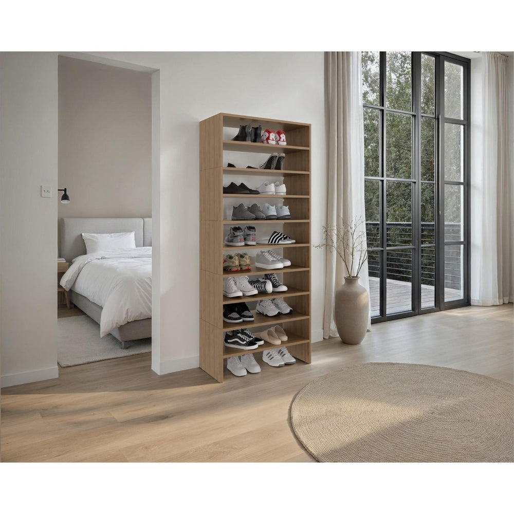 English Elm Orion Eight Tier Tall Shoe Rack in Warm Oak Finish for Entryways and Closets B062S02443