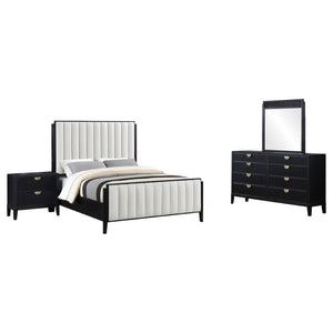 English Elm Ennis Queen Bedroom Set Channel Tufted Ivory Upholstered Bed with Black Gold Accents B062S02451