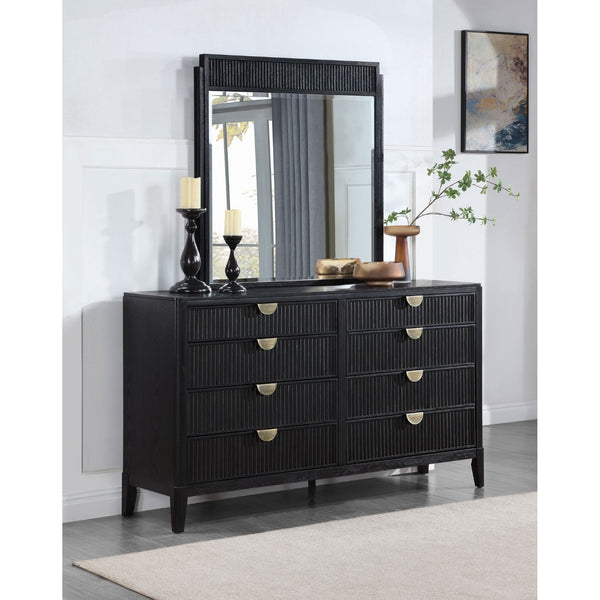 English Elm Ennis Eight Drawer Dresser with Fluted Mirror Brushed Gold Pulls Black Finish B062S02452