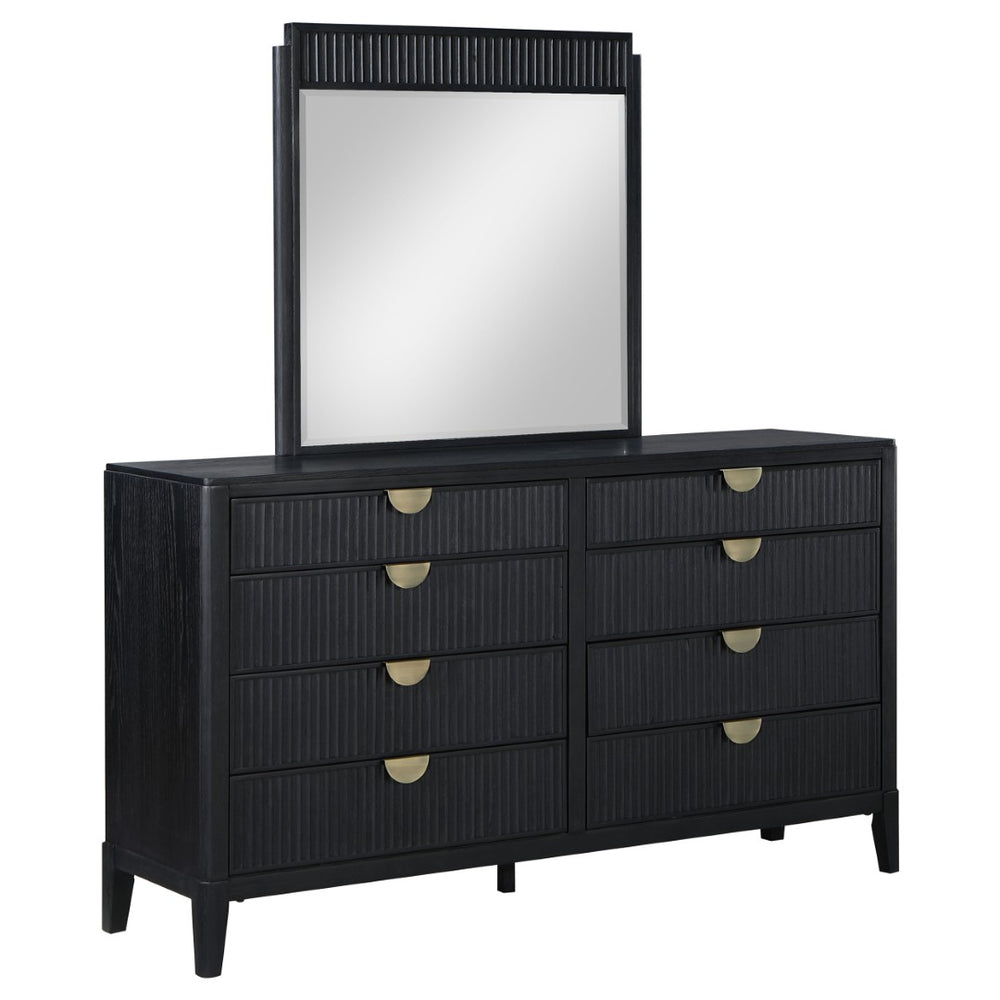 English Elm Ennis Eight Drawer Dresser with Fluted Mirror Brushed Gold Pulls Black Finish B062S02452