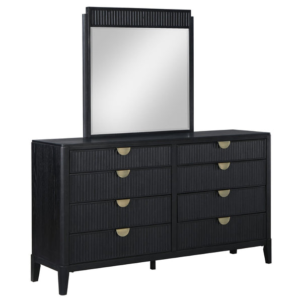 English Elm Ennis Eight Drawer Dresser with Fluted Mirror Brushed Gold Pulls Black Finish B062S02452
