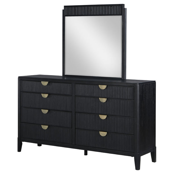 English Elm Ennis Eight Drawer Dresser with Fluted Mirror Brushed Gold Pulls Black Finish B062S02452