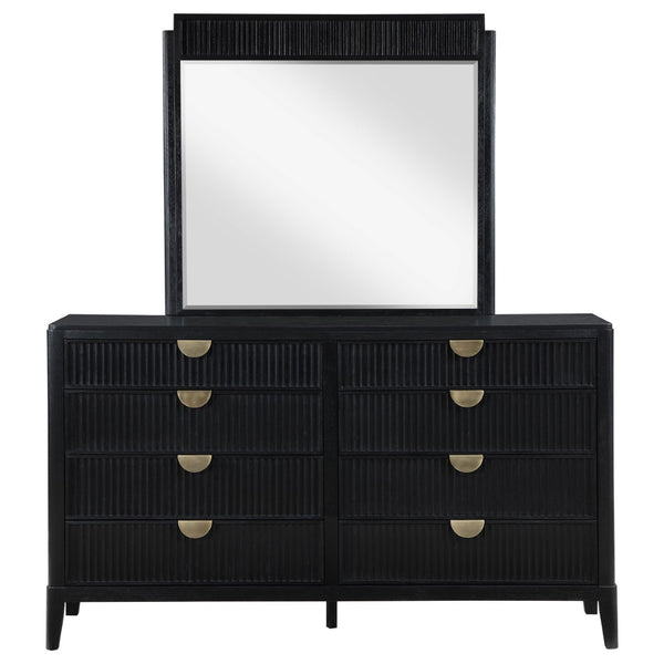 English Elm Ennis Eight Drawer Dresser with Fluted Mirror Brushed Gold Pulls Black Finish B062S02452