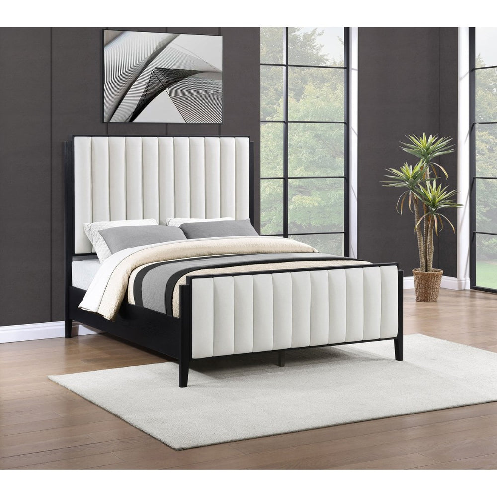 English Elm Ennis Queen Bed Wire-Brushed Black Frame Ivory Channel Tufted Headboard Modern B062S02454