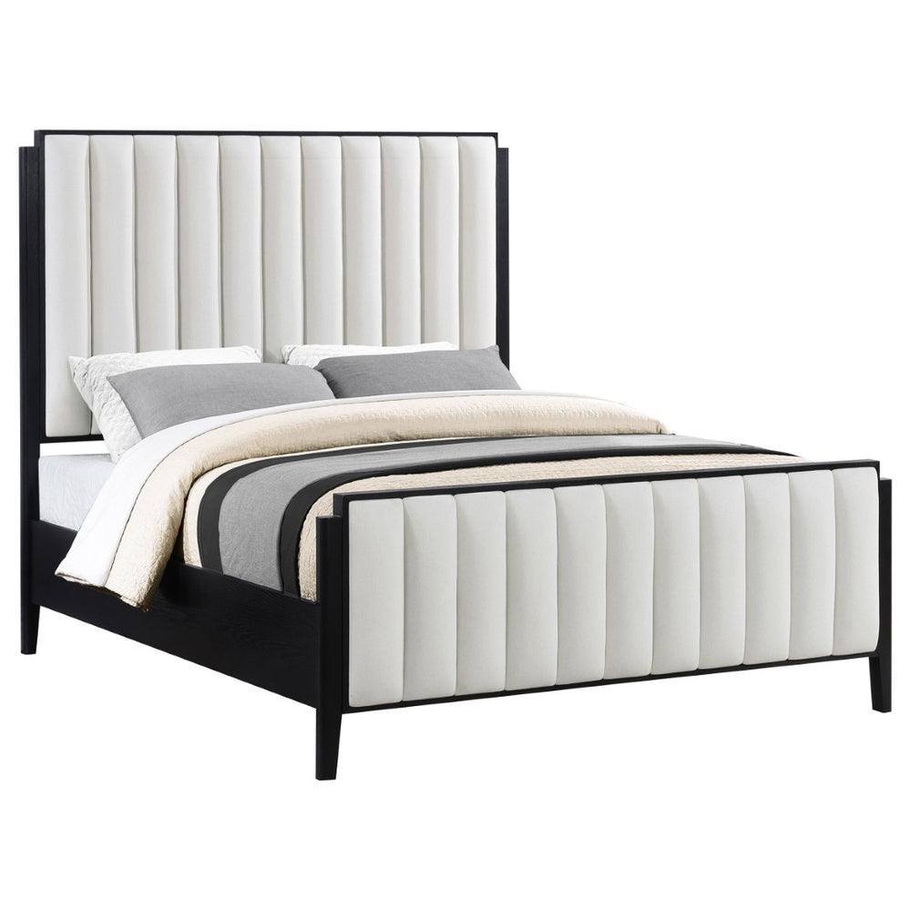 English Elm Ennis Queen Bed Wire-Brushed Black Frame Ivory Channel Tufted Headboard Modern B062S02454