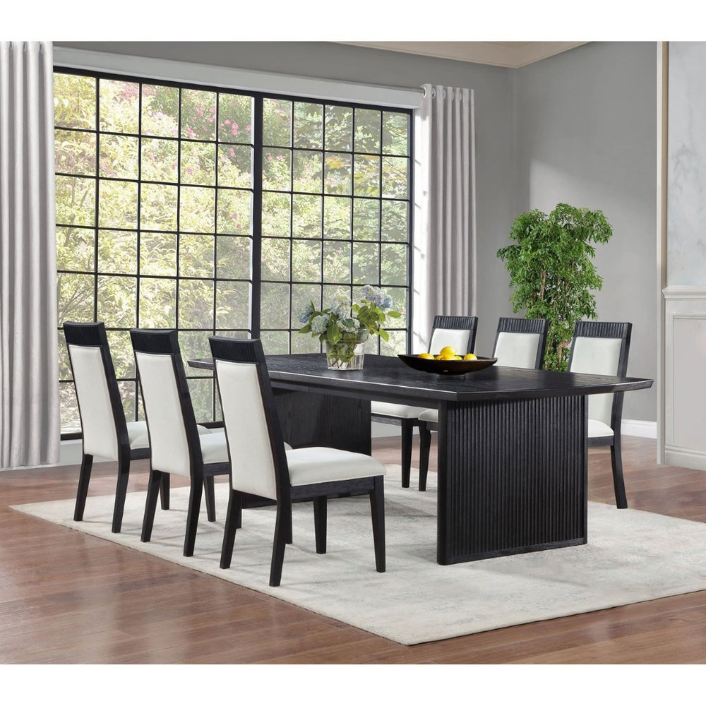 English Elm Ennis Rectangular Extension Dining Set with Reeded Black Frame and Ivory Upholstered Chairs B062S02457