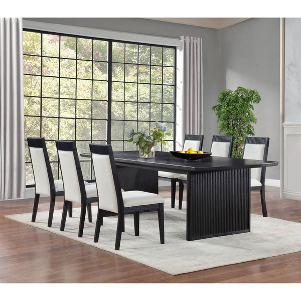 English Elm Ennis Rectangular Extension Dining Set with Reeded Black Frame and Ivory Upholstered Chairs B062S02457