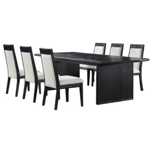 English Elm Ennis Rectangular Extension Dining Set with Reeded Black Frame and Ivory Upholstered Chairs B062S02457