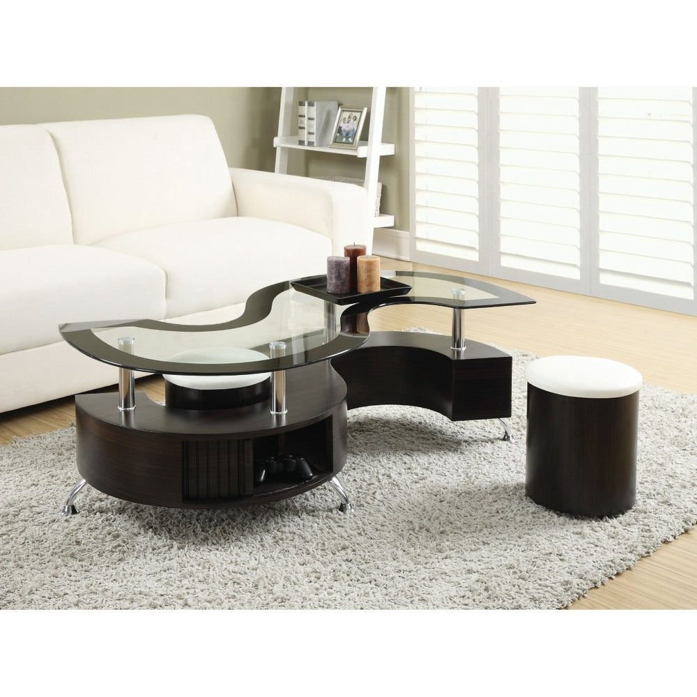 English Elm Marley Tempered Glass Coffee Table Set with Upholstered Stools and Hidden Storage B062S02459