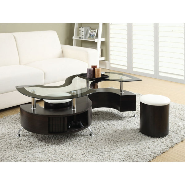 English Elm Marley Tempered Glass Coffee Table Set with Upholstered Stools and Hidden Storage B062S02459