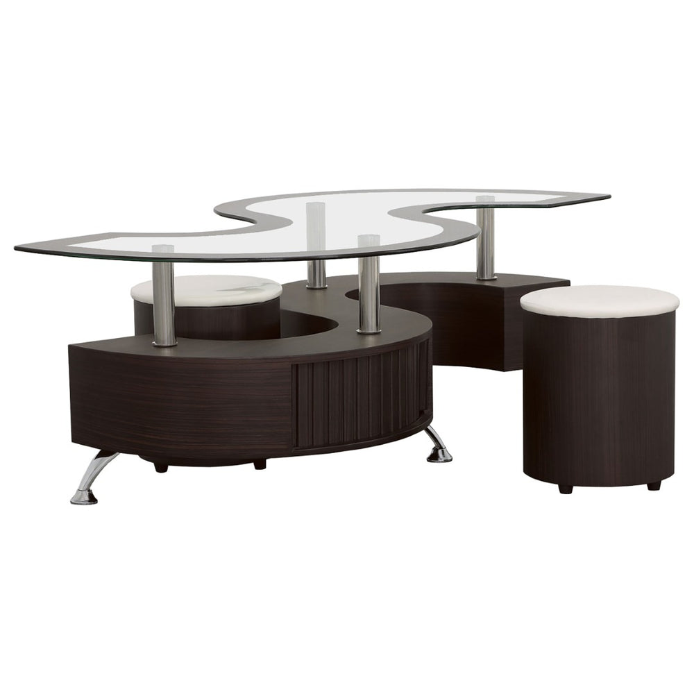 English Elm Marley Tempered Glass Coffee Table Set with Upholstered Stools and Hidden Storage B062S02459