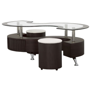 English Elm Marley Tempered Glass Coffee Table Set with Upholstered Stools and Hidden Storage B062S02459