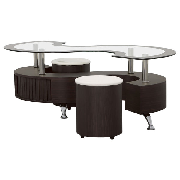 English Elm Marley Tempered Glass Coffee Table Set with Upholstered Stools and Hidden Storage B062S02459