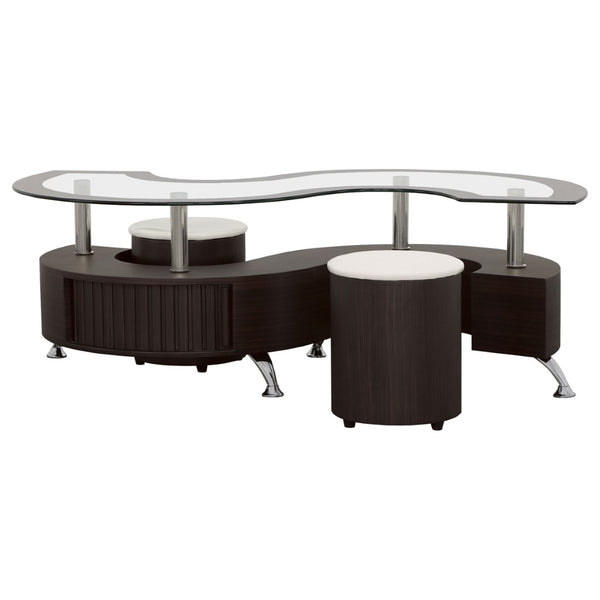 English Elm Marley Tempered Glass Coffee Table Set with Upholstered Stools and Hidden Storage B062S02459