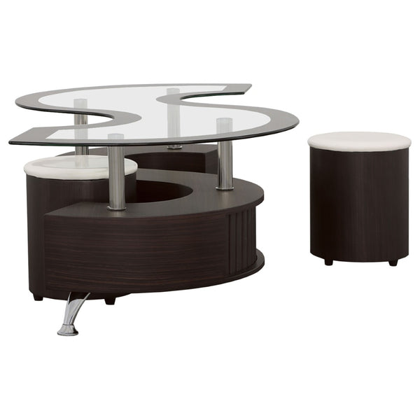 English Elm Marley Tempered Glass Coffee Table Set with Upholstered Stools and Hidden Storage B062S02459