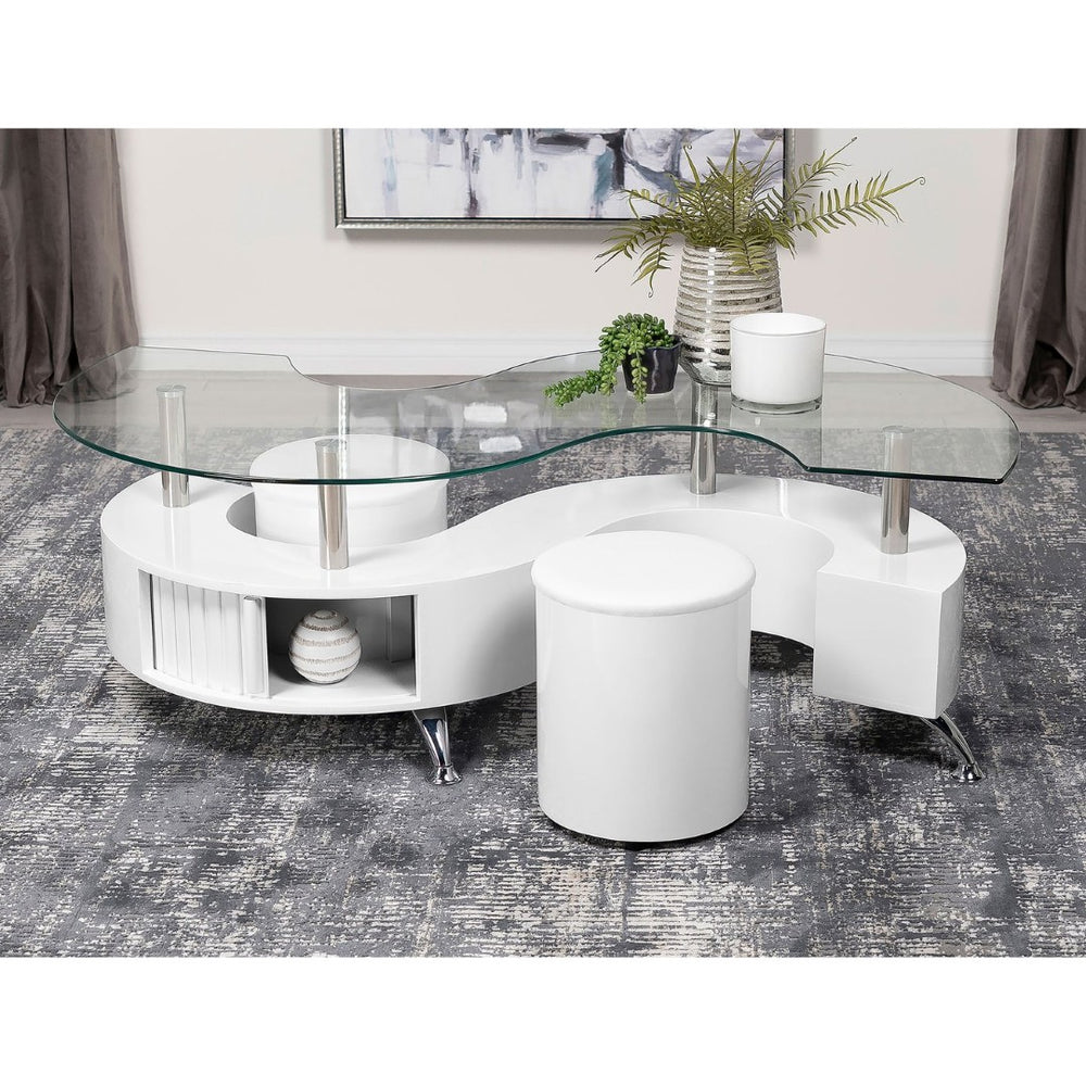 English Elm Marley Sculptural Glass Top Coffee Table Set with Hidden Storage and Padded Stools B062S02460