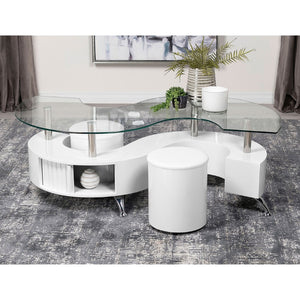 English Elm Marley Sculptural Glass Top Coffee Table Set with Hidden Storage and Padded Stools B062S02460